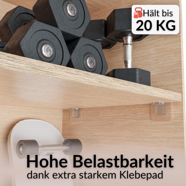 Selbstklebende Bodenträger unter einem Holzregal mit Hanteln, belastbar bis zu 20 Kilogramm dank extra starkem Klebepad.