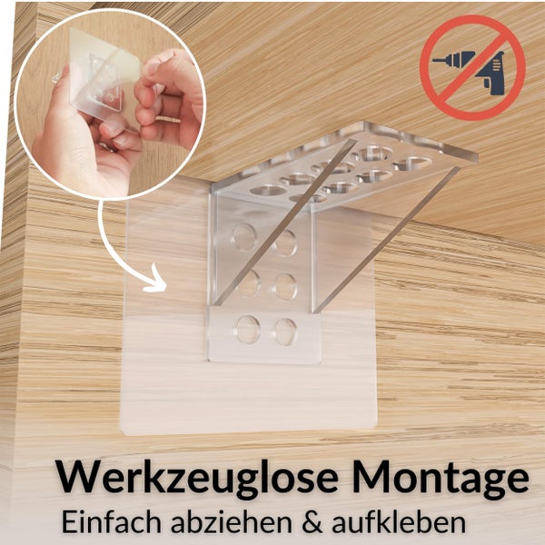Transparente Klebehalterung zur werkzeuglosen Montage auf einer Holzoberfläche ohne Bohren.