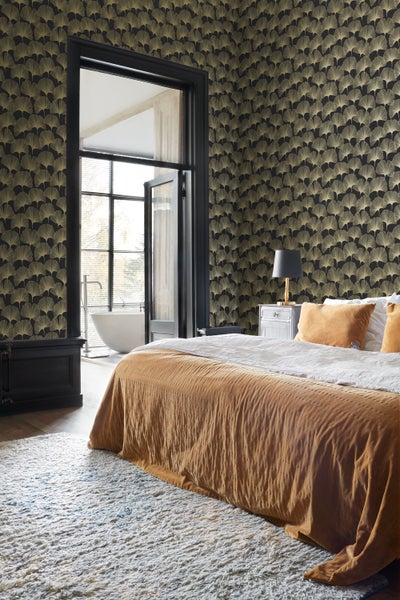 Origin Wallcoverings Tapete Ginkgoblätter Schwarz und Gold - 53 cm x 10.05 m - 347734