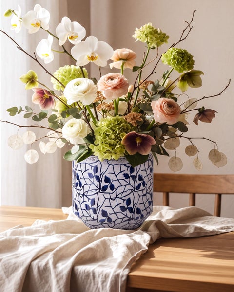 Ein Blumenstrauß mit Orchideen und Rosen in einer gemusterten Keramikvase auf einem Holztisch mit einer weißen Tischdecke in einem hellen Raum.