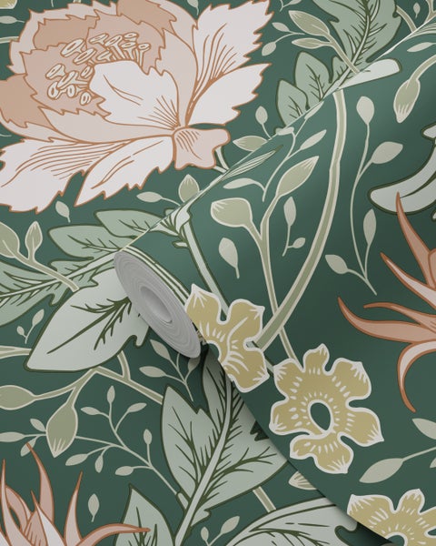 ESTAhome Tapete Blumenmuster im Jugendstil Dunkelgrün und Hellrosa - 50 x 900 cm - 131081