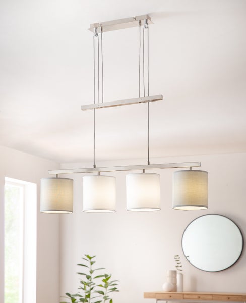 4er Pendelleuchte TILDE, klassische Pendellampe aus Metall und Textil in Grau und Weiß, mit E27-Fassung, höhenverstellbar, 86 cm lang, ideal als Esszimmerleuchte