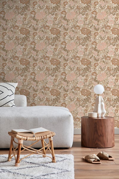 ESTAhome Tapete Blumenmuster Hellrosa, Braun und Taupe - 50 x 900 cm - 131191