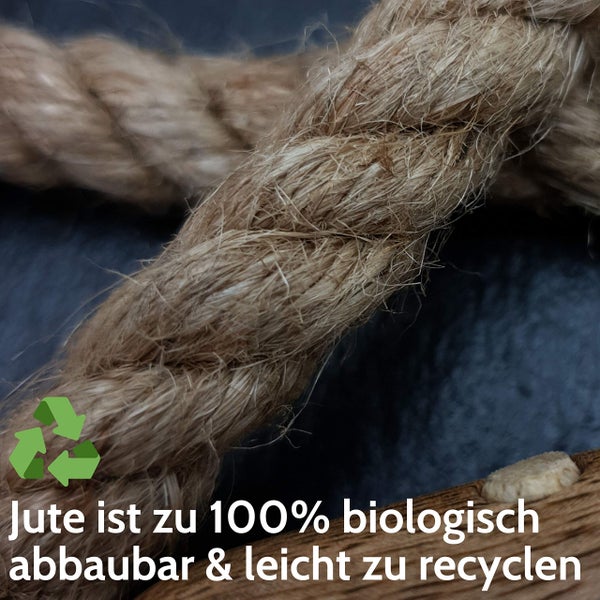 Geflochtenes Seil aus Jute, einhundert Prozent biologisch abbaubar und leicht zu recyceln, mit Recycling-Symbol.
