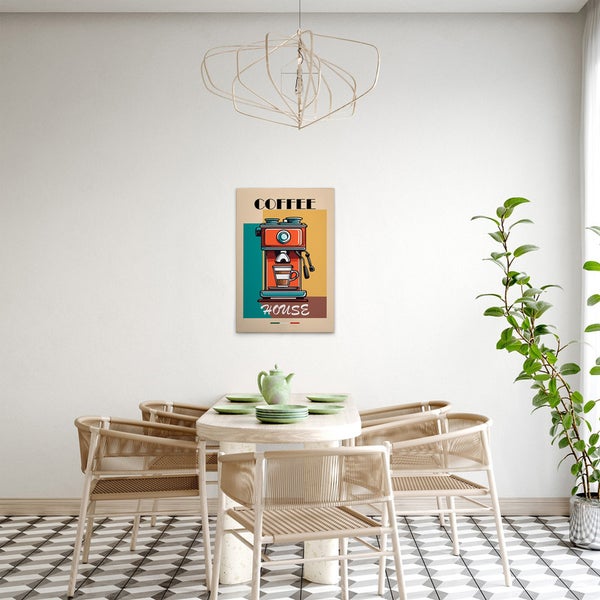 Dekoratives Bild mit Kaffeemaschinenmotiv über einem Esstisch