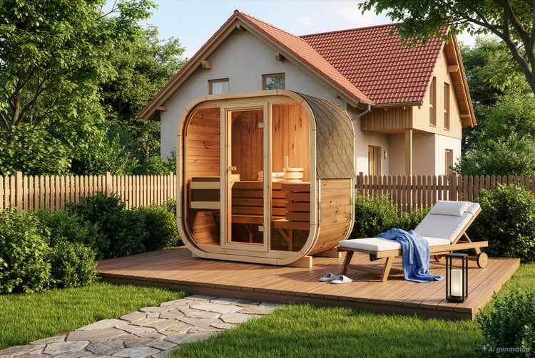 Moderne Fasssauna aus Holz mit Glasfront auf einer Holzterrasse im Garten neben einer Sonnenliege und einem Wohnhaus im Hintergrund.
