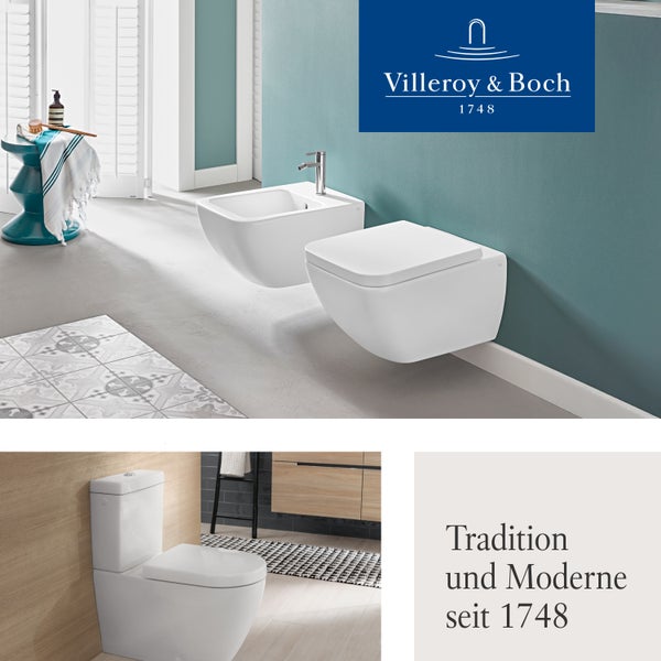 Villeroy und Boch Logo, helles Badezimmer mit wandgehängter Toilette, Bidet, Stand-WC und stilvollen Badmöbeln in moderner Einrichtung.