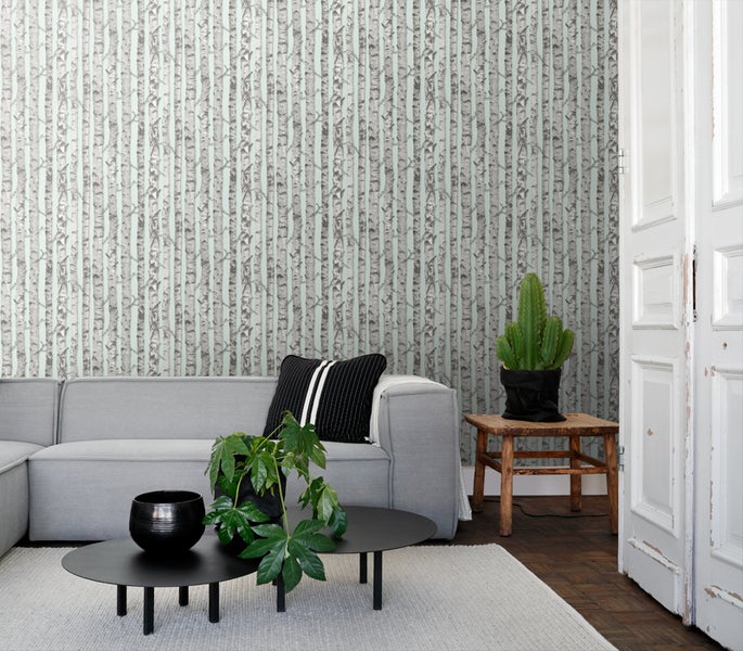 ESTAhome Tapete Birkenstämme Pastell Mintgrün und Grau - 53 cm x 10.05 m - 138890