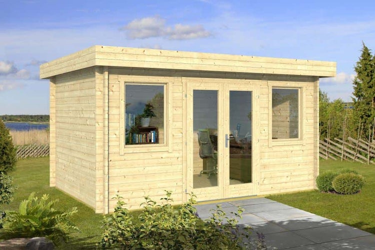 Alpholz Flachdach Gartenhaus Office Bob-40 ISO Gartenhaus aus Holz, Holzhaus mit 40 mm Wandstärke, Blockbohlenhaus mit Montagematerial, Naturbelassen 4,4x3m