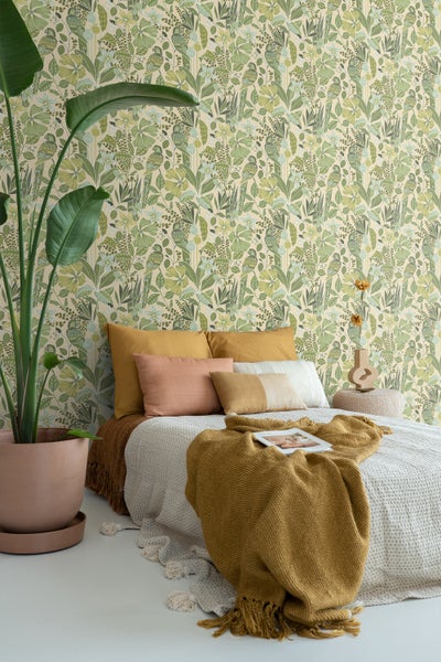 ESTAhome Tapete tropischen Blumen und Paradiesvögeln Graugrün - 50 x 900 cm - 131157
