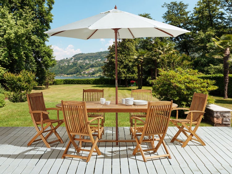 Gartenmöbel Set 6-Sitzer MAUI mit Schirm (12 Optionen) Akazienholz Hellbraun
