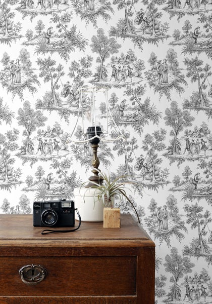 ESTAhome Tapete Toile de Jouy Schwarz - 53 cm x 10.05 m - 136820