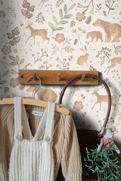 ESTAhome Tapete Wald mit Waldtieren Crême-Weiß und Beige - 53 cm x 10.05 m - 139525