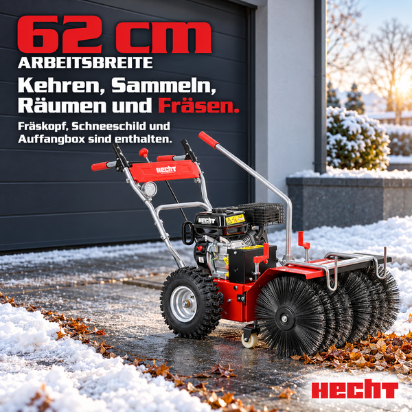 Hecht Kehrmaschine mit 62 Zentimeter Arbeitsbreite zum Kehren, Sammeln, Räumen und Fräsen inklusive Fräskopf, Schneeschild und Auffangbehälter.