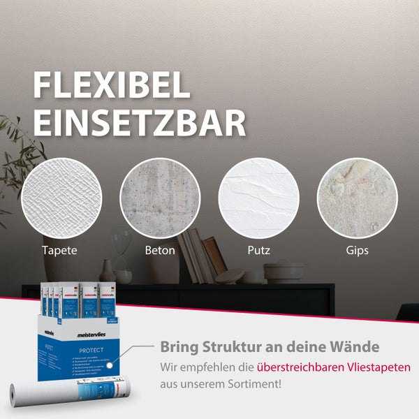 Infografik zur Anwendung von überstreichbarer Vliestapete auf verschiedenen Untergründen wie Tapete, Beton, Putz und Gips.
