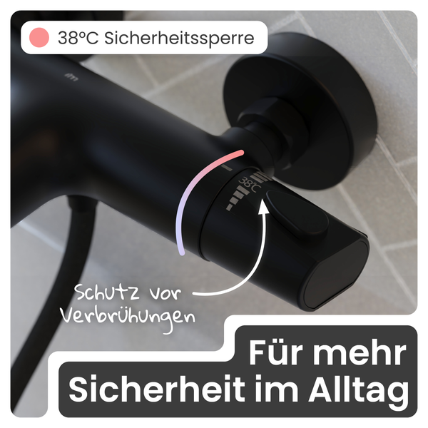 Armatur mit 38 Grad Celsius Sicherheitssperre zum Schutz vor Verbrühungen