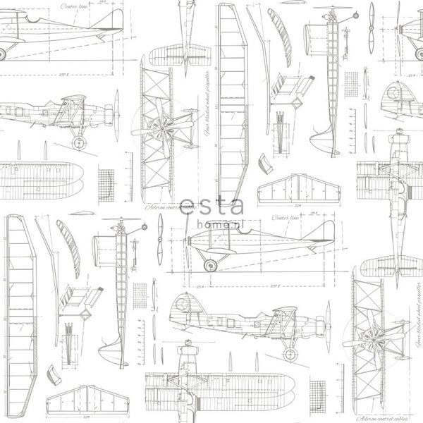 ESTAhome Tapete Kontruktionszeichnungen von Flugzeugen Weiß - 53 cm x 10.05 m - 128812