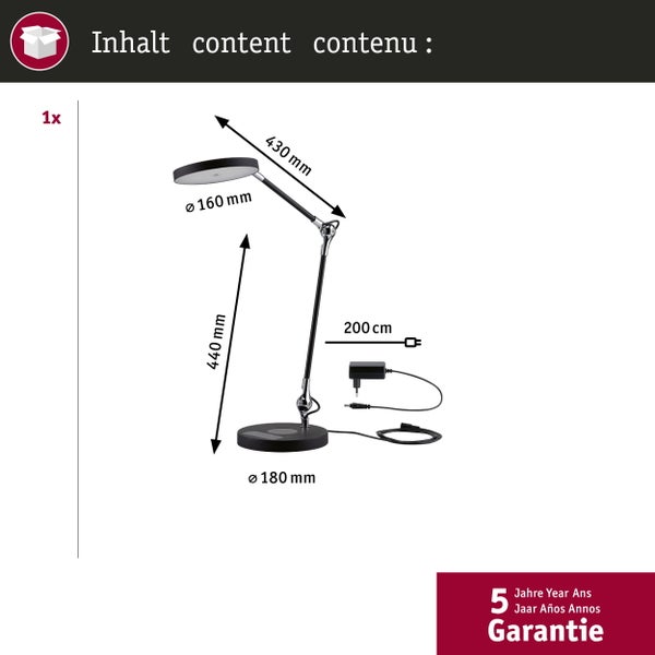 Schreibtischlampe: Höhe 440 Millimeter, Arm 430 Millimeter, Fuß 180 Millimeter, Kopf 160 Millimeter, Kabel 200 Zentimeter. Fünf Jahre Garantie.