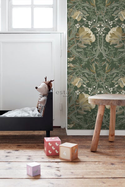ESTAhome Tapete Blumenmuster im Jugendstil Dunkelgrün - 53 cm x 10.05 m - 139420
