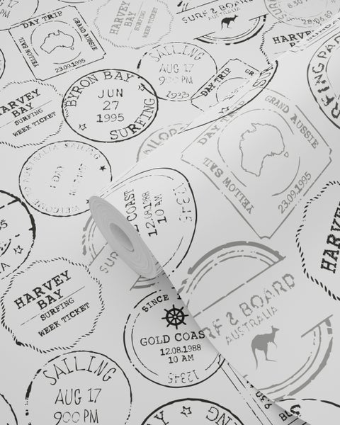 ESTAhome Tapete australische Surf-Stempel Schwarz und Weiß - 53 cm x 10.05 m - 138981