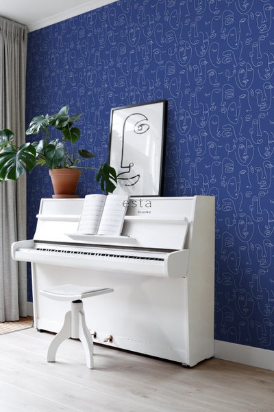 ESTAhome Tapete Line Art Gesichter Kobaltblau - 50 x 900 cm - 139434