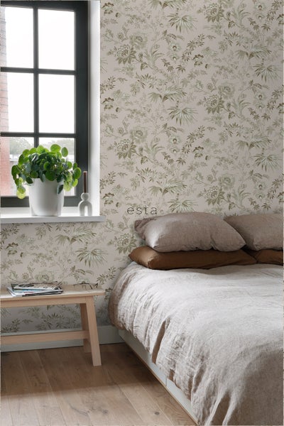 ESTAhome Tapete Blumenmuster Altrosa und Olivgrün - 53 cm x 10.05 m - 139401