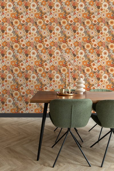 ESTAhome Tapete Retro Blumen Orange und Terrakottarosa - 50 x 900 cm - 131318