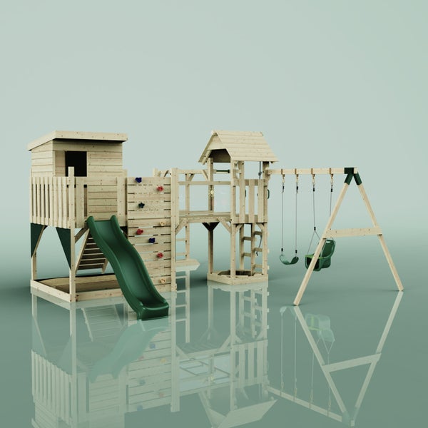 Holzspielplatz mit Rutsche, Kletterwand und Schaukel