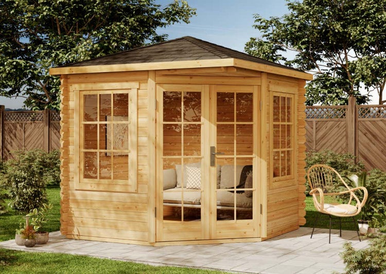 Alpholz 5-Eck Gartenhaus Sunny-C Gartenhaus aus Holz, Holzhaus mit 28 mm Wandstärke, Blockbohlenhaus mit Montagematerial, Naturbelassen 2,5x2,5m