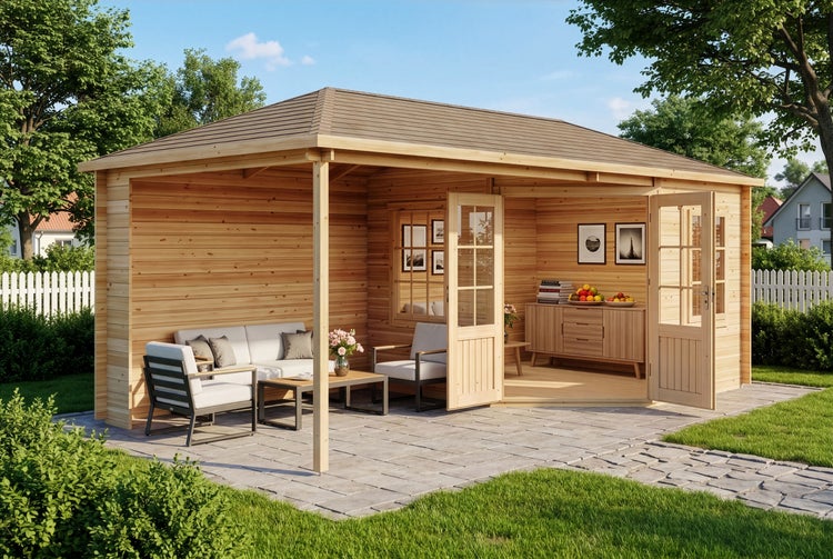 Großes Gartenhaus aus hellem Holz mit Walmdach, integrierter Terrasse und Glastüren, hell eingerichtet mit Lounge-Möbeln im Garten.