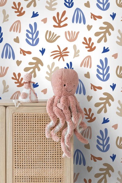 ESTAhome Tapete Pflanzen im Matisse-Stil Beige, Terrakotta und Blau - 50 x 900 cm - 131019