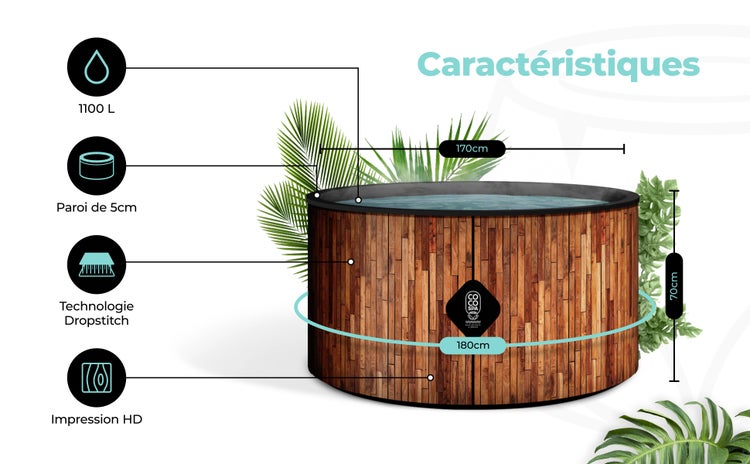 Runder Whirlpool in Holzoptik: 1100 Liter Volumen, 5 Zentimeter Wandstärke, Dropstitch-Technologie, 180 Zentimeter Durchmesser, Coco Spa Logo.