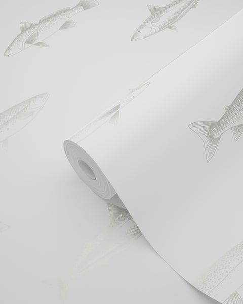 ESTAhome Tapete Federzeichnung Fisch Weiß und Silber - 53 cm x 10.05 m - 138966