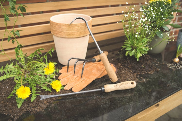 Teak Unkrautstecher Unkrautentferner Handjäter geschmiedet Teakholz Griff premium