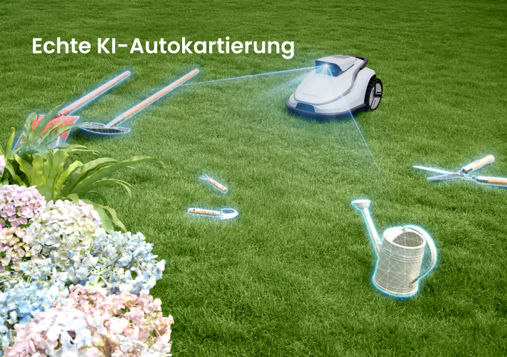 Mähroboter auf Rasen mit künstlicher Intelligenz zur automatischen Kartierung und Erkennung von Hindernissen wie Gartenwerkzeugen.