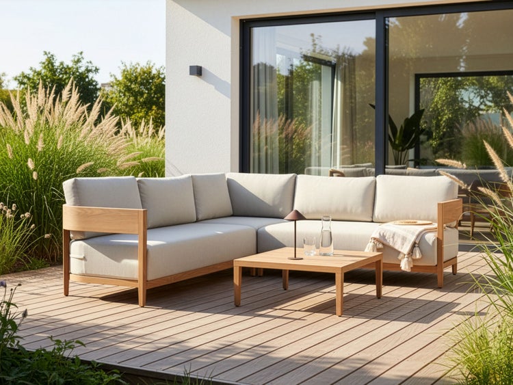 Gartenlounge mit Ecksofa und Tisch auf einer Holzterrasse