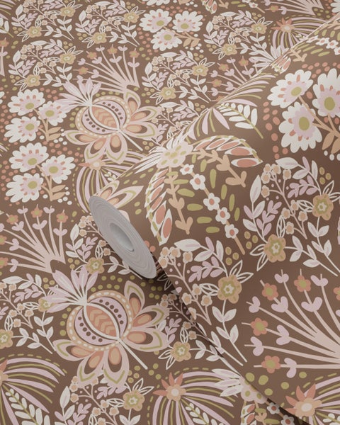 ESTAhome Tapete Blumenmuster im Jugendstil Altrosa und Braun - 50 x 900 cm - 130974