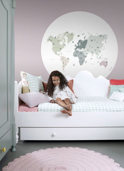 ESTAhome selbstklebende runde Tapete Weltkarte für Kinder Mintgrün, Grau und Rosa - Ø 140 cm - 159010