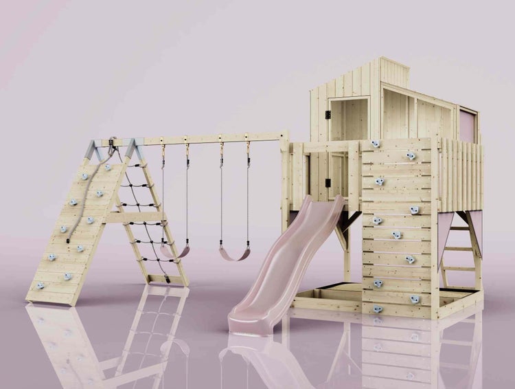 Spielturm aus Holz mit Spielhaus, rosafarbener Rutsche, zwei Schaukeln, Kletterwand und Kletternetz für den Garten.