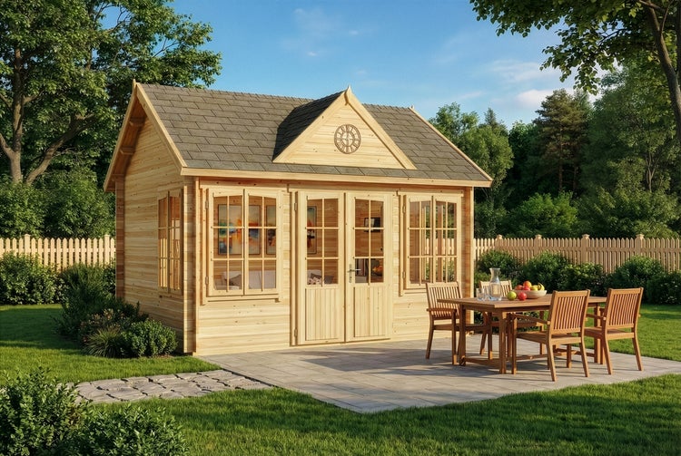 Holzgartenhaus mit Satteldach, Doppeltür mit Glasausschnitt und Sprossenfenstern auf einer Steinterrasse in einem hellen Garten.