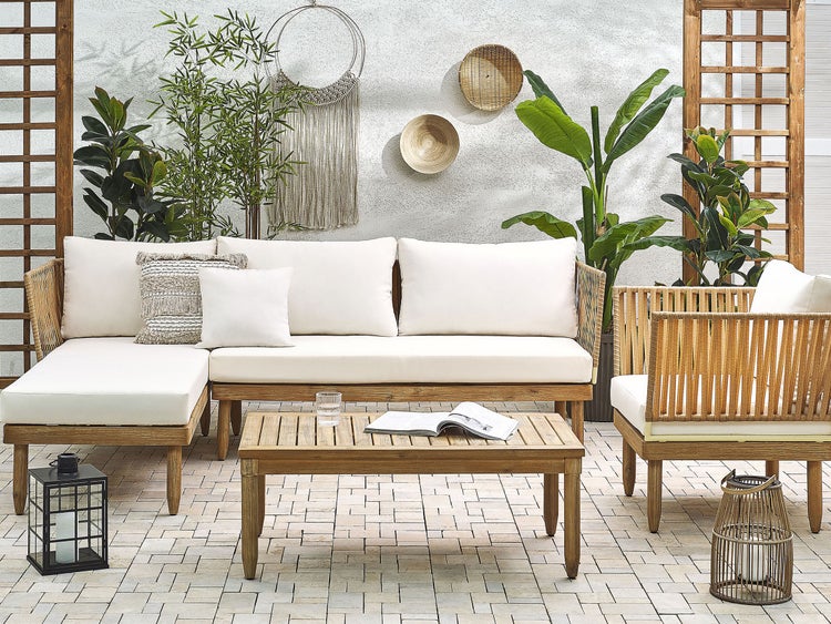 Lounge Set mit Tisch 4-Sitzer CREMONA rechtsseitig Akazienholz Cremeweiß
