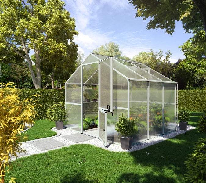Freistehendes Gewächshaus mit Aluminiumrahmen, Hohlkammerplatten und offener Tür in einem hellen Garten mit Rasen und Hecken.