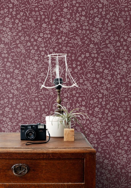 ESTAhome Tapete Blumen Aubergineviolett - 50 x 900 cm - 131132
