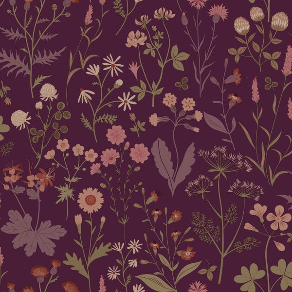 ESTAhome Tapete Feldblumen Aubergineviolett - 50 x 900 cm - 131637