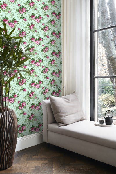 Origin Wallcoverings Tapete Rosen Seladongrün und Rosa - 53 cm x 10.05 m - 326139