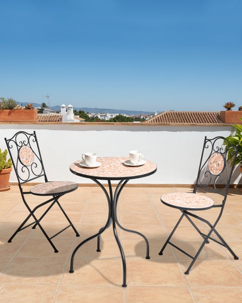 Gartentischset mit Mosaikmuster, bestehend aus Tisch und zwei Stühlen für den Außenbereich