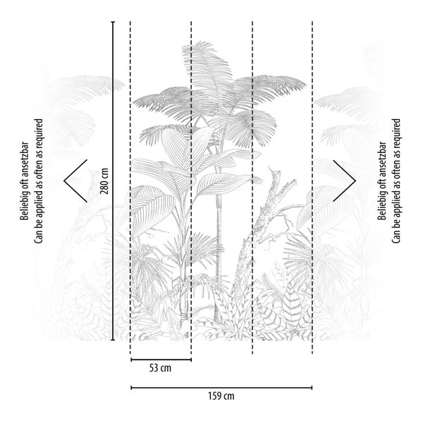 Tapete mit Dschungelmotiv und Maßangaben