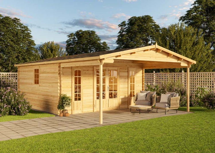 Alpholz Gartenhaus Nyborg-44 ISO Gartenhaus aus Holz in natur, Holzhaus mit 44 mm Wandstärke inklusive Terrasse, Blockbohlenhaus mit Montagematerial imprägniert 5x8m