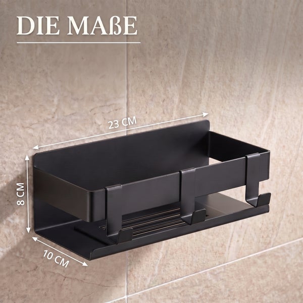 Schwarze Badablage aus Metall mit Haken, Maße: 23 Zentimeter breit, 8 Zentimeter hoch und 10 Zentimeter tief.