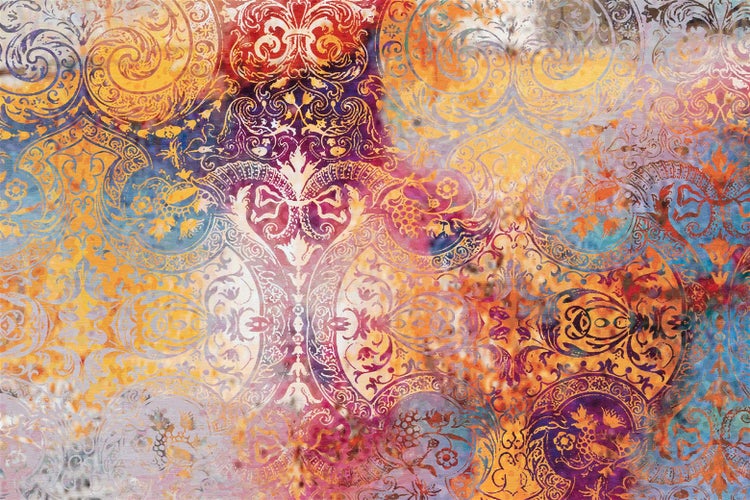 Tapete mit bunten orientalischen Ornamenten und floralen Mustern im Aquarell-Stil.